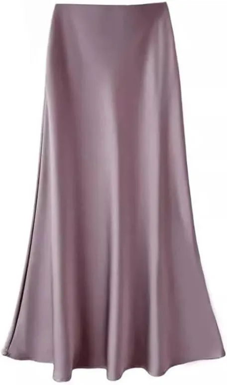 Women's Summer Midi Satin Skirt Elegant Casual High Waist A-Line Flowy Skirt