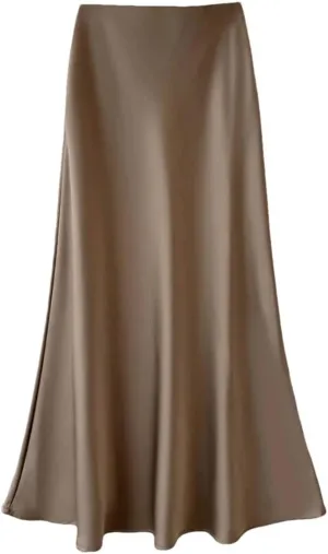 Women's Summer Midi Satin Skirt Elegant Casual High Waist A-Line Flowy Skirt