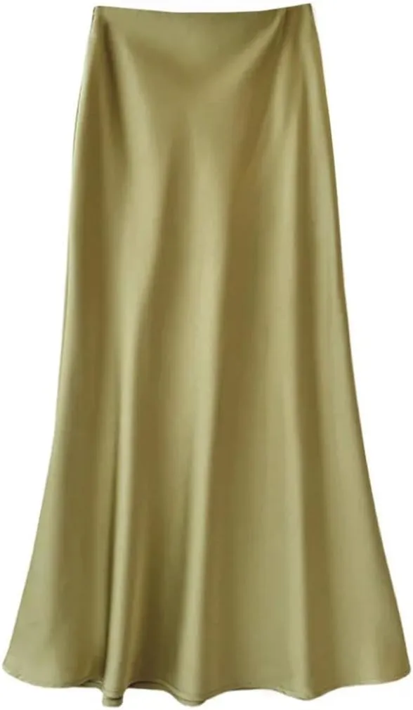 Women's Summer Midi Satin Skirt Elegant Casual High Waist A-Line Flowy Skirt