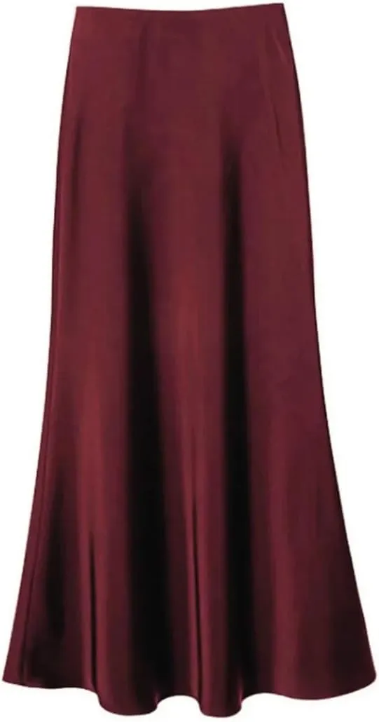 Women's Summer Midi Satin Skirt Elegant Casual High Waist A-Line Flowy Skirt