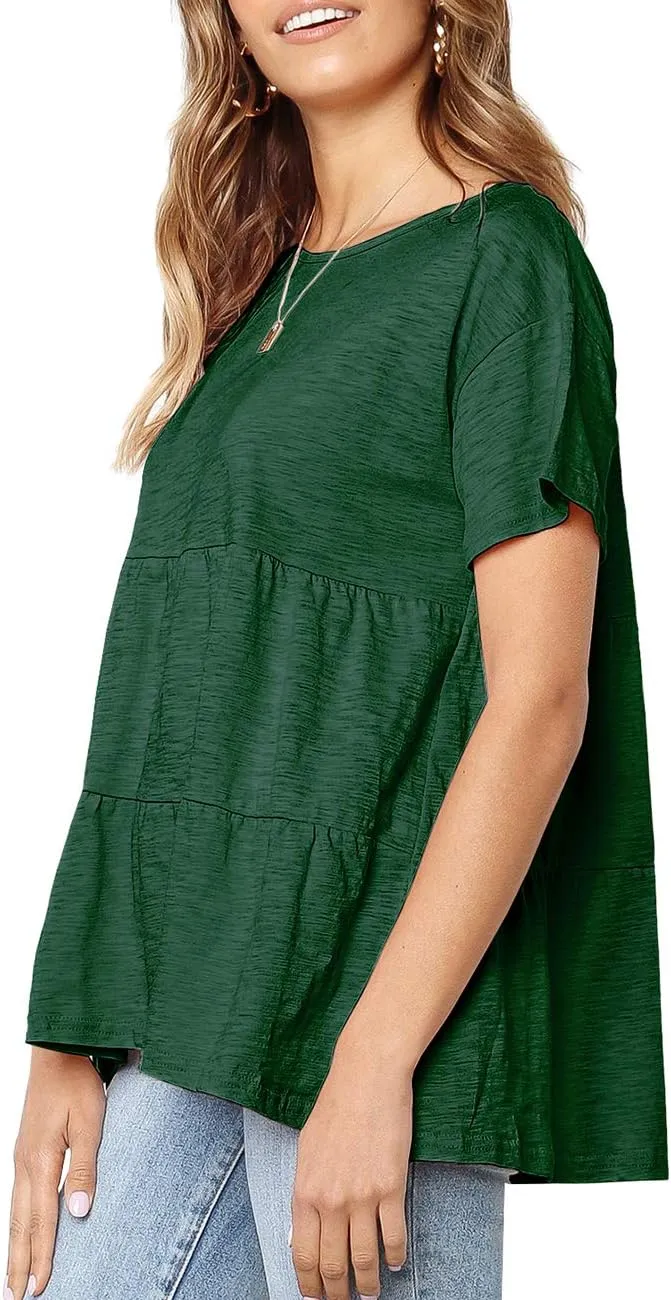 Women's Summer Short Sleeve Loose T Shirt High Low Hem Babydoll Peplum Tops