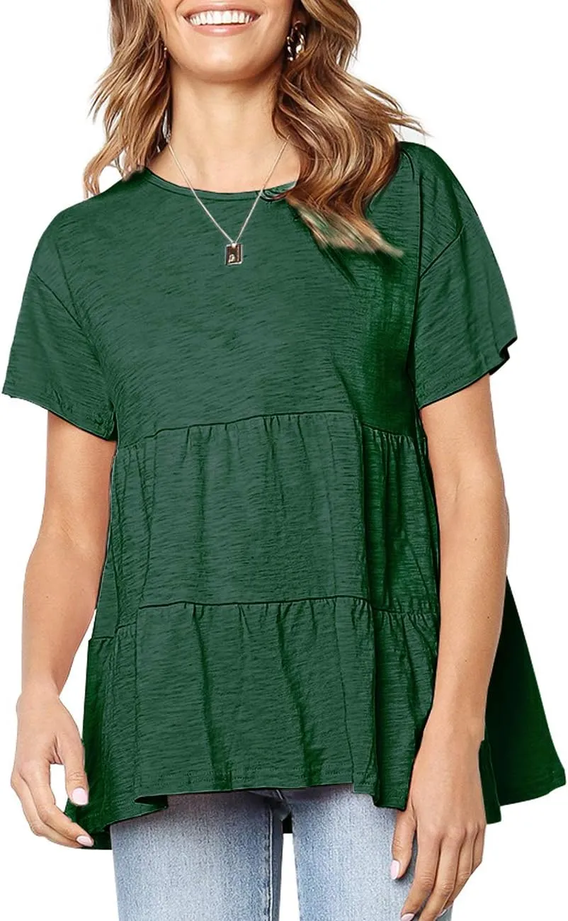 Women's Summer Short Sleeve Loose T Shirt High Low Hem Babydoll Peplum Tops