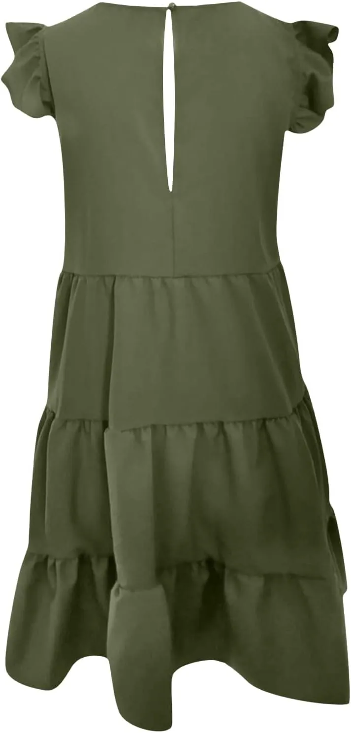 Womens Summer Sundresses 2024 Loose Sleeveless Solid Tiered Ruffle Dresses Swing Vacation Crew Neck Midi Dress