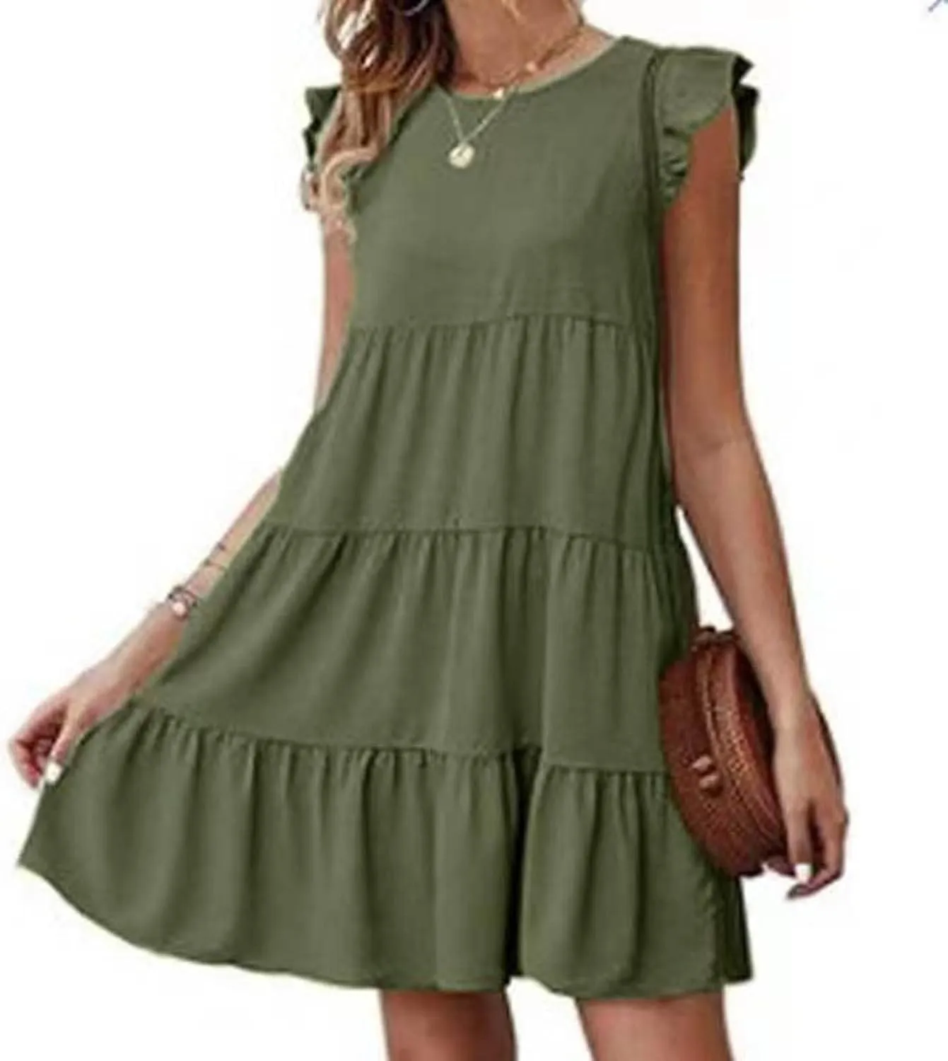 Womens Summer Sundresses 2024 Loose Sleeveless Solid Tiered Ruffle Dresses Swing Vacation Crew Neck Midi Dress