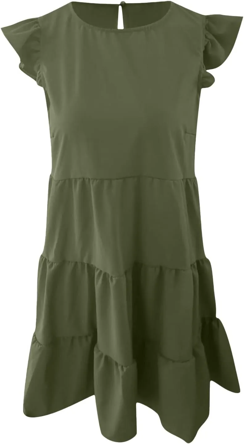 Womens Summer Sundresses 2024 Loose Sleeveless Solid Tiered Ruffle Dresses Swing Vacation Crew Neck Midi Dress