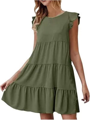 Womens Summer Sundresses 2024 Loose Sleeveless Solid Tiered Ruffle Dresses Swing Vacation Crew Neck Midi Dress