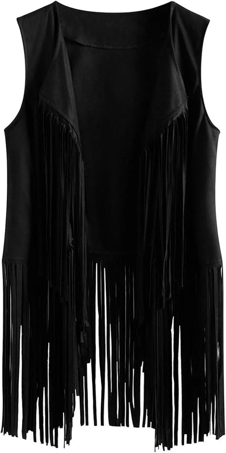 Womens Tassel Vest 70s Hippie Faux Suede Sleeveless Fringe Jacket Vintage Open Front Cardigan Waistcoat Outwear Tops