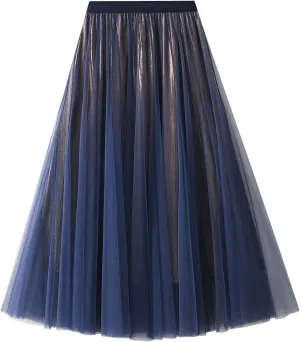 Women's Tulle Skirt Layered Pleated Mesh High Elastic Waist Skirt Flowy A-line Midi Skirt Prom Party Skirt