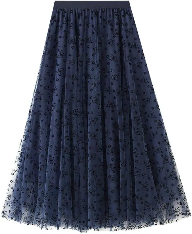Womens Tulle Tutu Skirt Elastic High Waist Layered Skirt Floral Print Mesh Pleated Swing A-Line Midi Mini Skirt Dresses