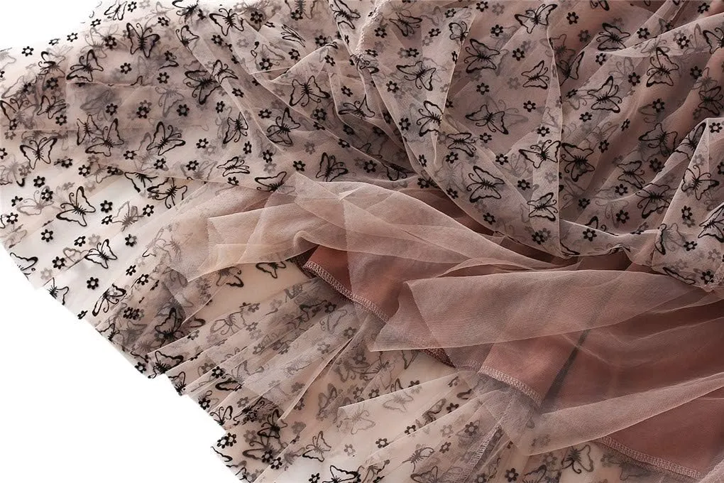 Womens Tulle Tutu Skirt Elastic High Waist Layered Skirt Floral Print Mesh Pleated Swing A-Line Midi Mini Skirt Dresses