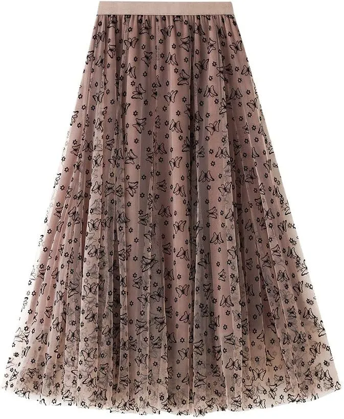 Womens Tulle Tutu Skirt Elastic High Waist Layered Skirt Floral Print Mesh Pleated Swing A-Line Midi Mini Skirt Dresses