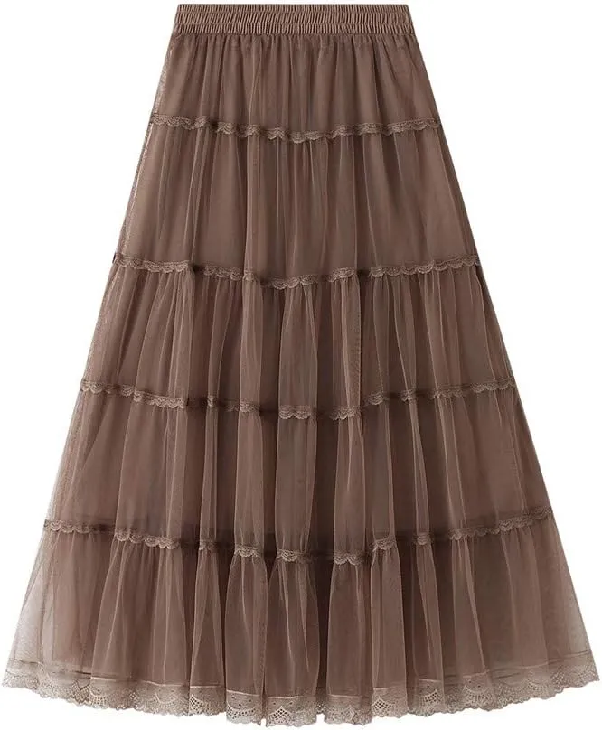 Womens Tulle Tutu Skirt Elastic High Waist Layered Skirt Floral Print Mesh Pleated Swing A-Line Midi Mini Skirt Dresses