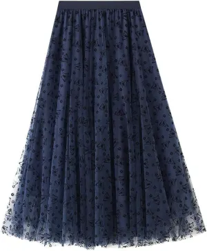 Womens Tulle Tutu Skirt Elastic High Waist Layered Skirt Floral Print Mesh Pleated Swing A-Line Midi Mini Skirt Dresses