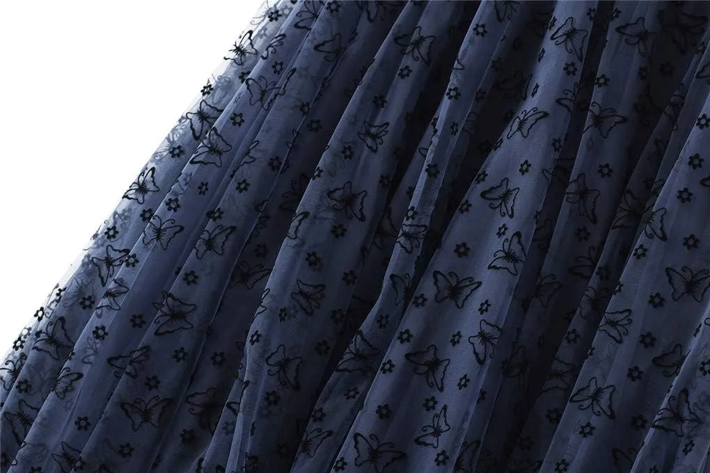 Womens Tulle Tutu Skirt Elastic High Waist Layered Skirt Floral Print Mesh Pleated Swing A-Line Midi Mini Skirt Dresses