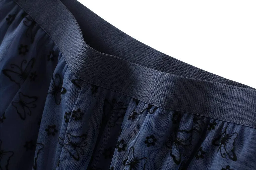Womens Tulle Tutu Skirt Elastic High Waist Layered Skirt Floral Print Mesh Pleated Swing A-Line Midi Mini Skirt Dresses