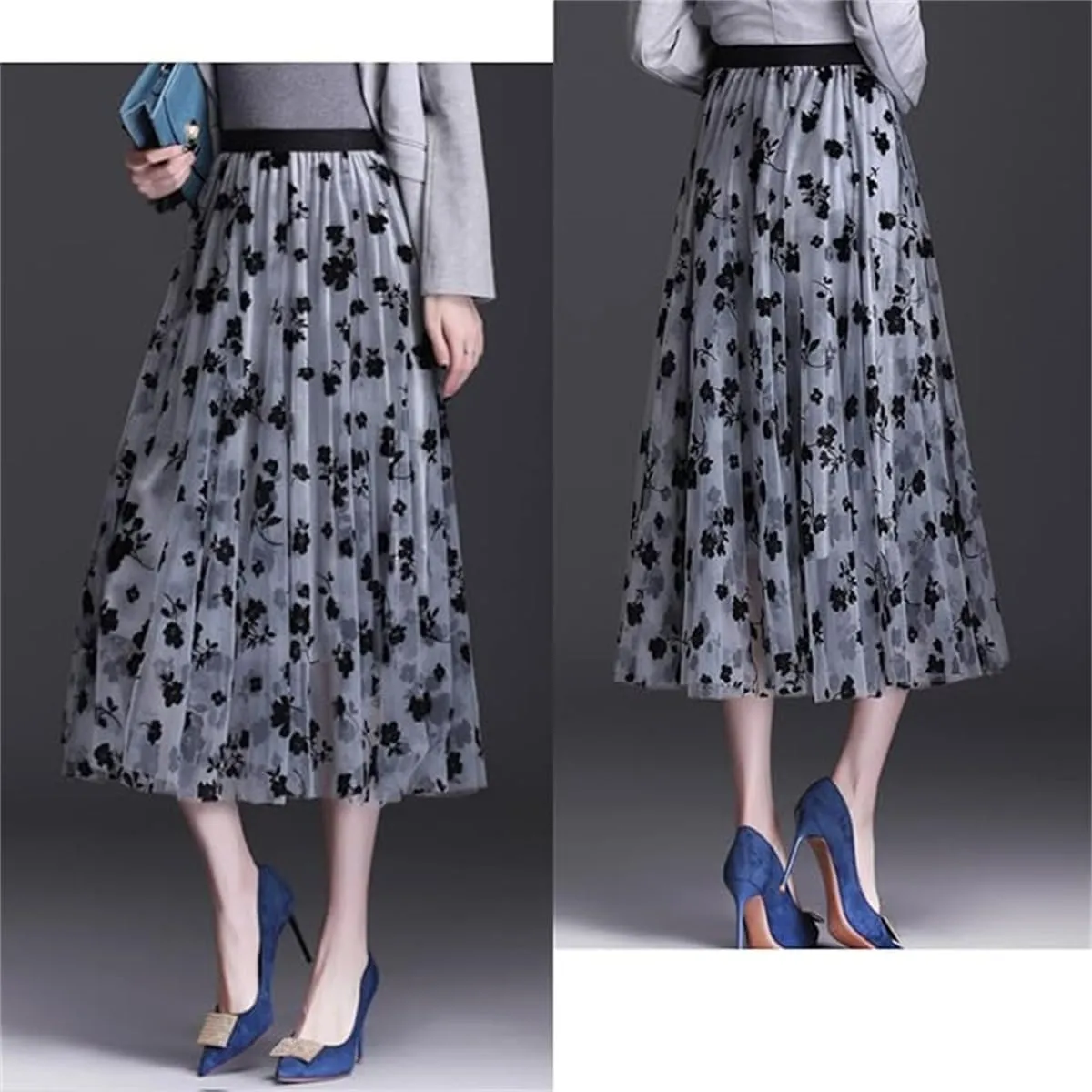 Womens Tulle Tutu Skirt Elastic High Waist Layered Skirt Floral Print Mesh Pleated Swing A-Line Midi Mini Skirt Dresses