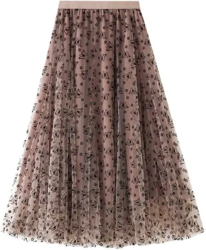 Womens Tulle Tutu Skirt Elastic High Waist Layered Skirt Floral Print Mesh Pleated Swing A-Line Midi Mini Skirt Dresses