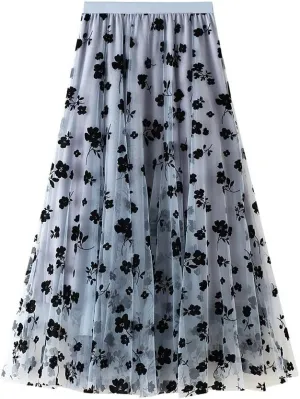 Womens Tulle Tutu Skirt Elastic High Waist Layered Skirt Floral Print Mesh Pleated Swing A-Line Midi Mini Skirt Dresses