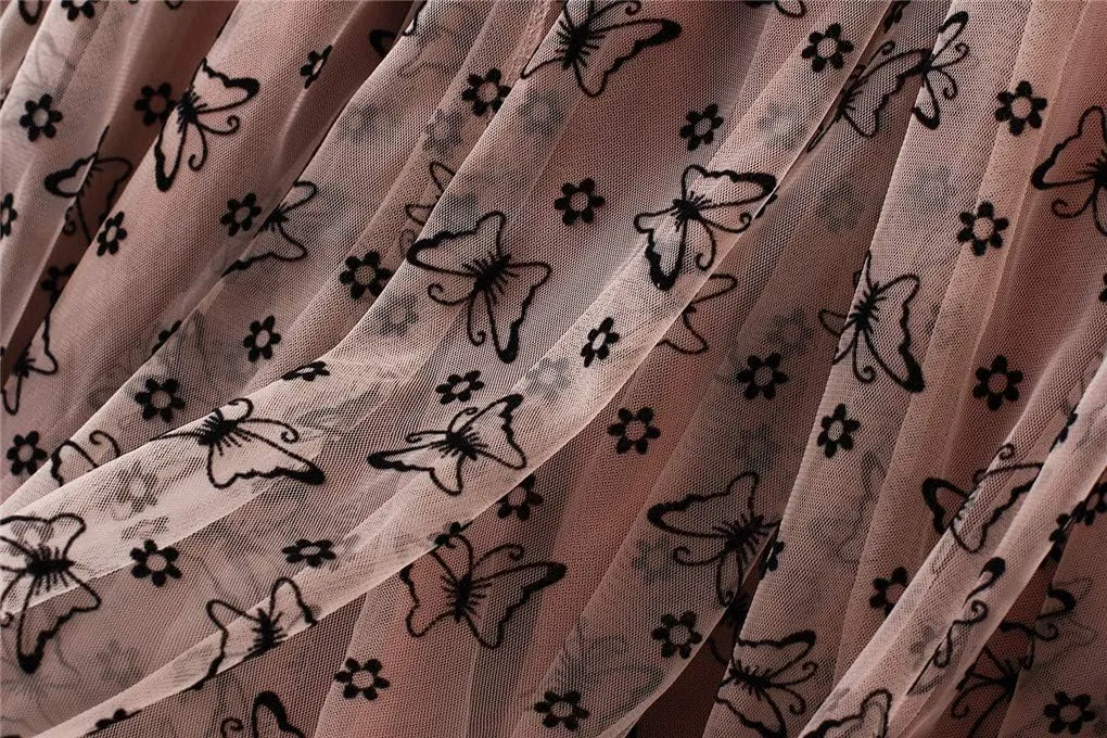 Womens Tulle Tutu Skirt Elastic High Waist Layered Skirt Floral Print Mesh Pleated Swing A-Line Midi Mini Skirt Dresses