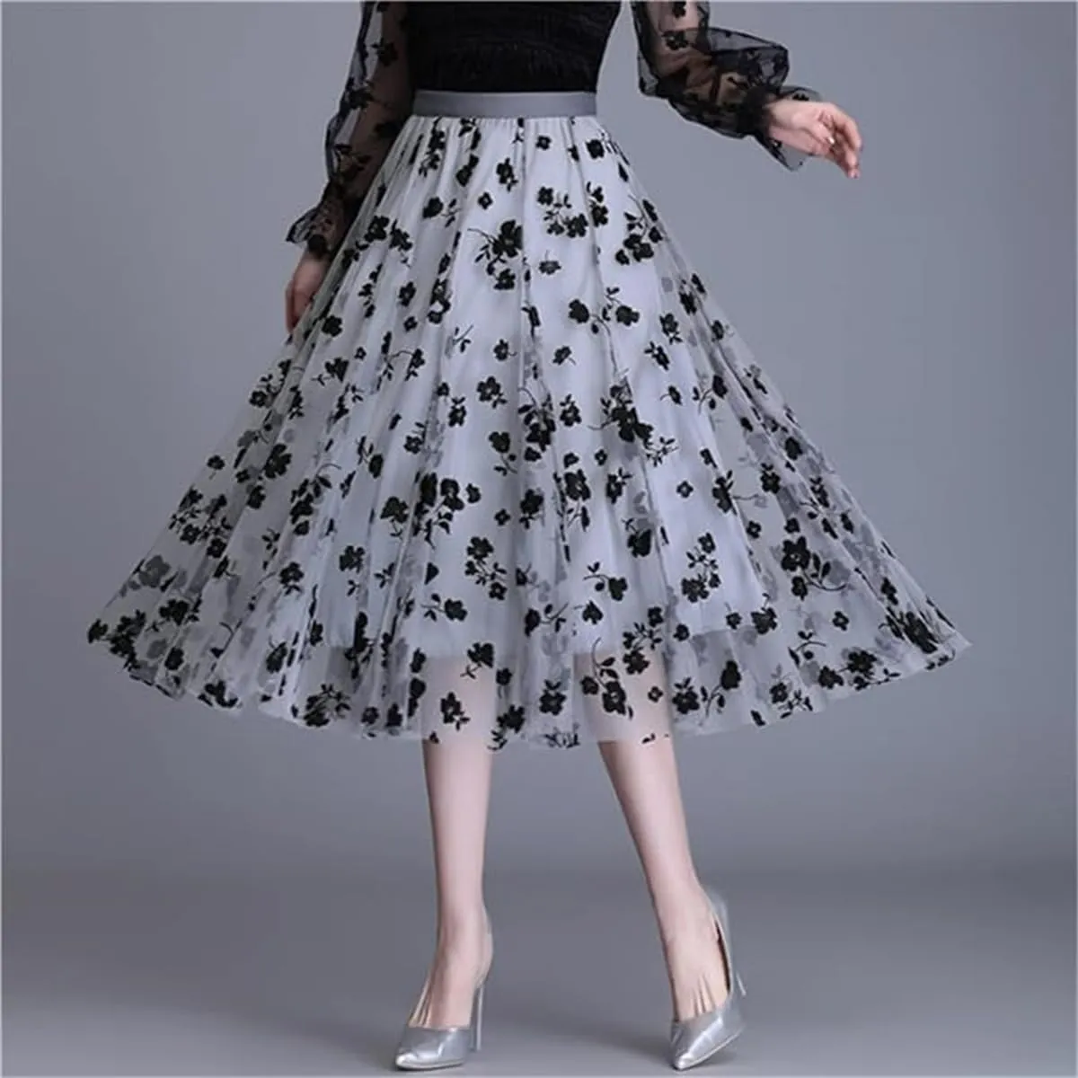 Womens Tulle Tutu Skirt Elastic High Waist Layered Skirt Floral Print Mesh Pleated Swing A-Line Midi Mini Skirt Dresses