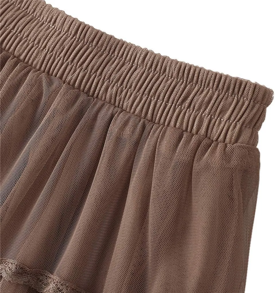 Womens Tulle Tutu Skirt Elastic High Waist Layered Skirt Floral Print Mesh Pleated Swing A-Line Midi Mini Skirt Dresses