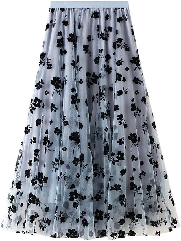Womens Tulle Tutu Skirt Elastic High Waist Layered Skirt Floral Print Mesh Pleated Swing A-Line Midi Mini Skirt Dresses