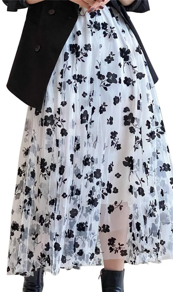 Womens Tulle Tutu Skirt Elastic High Waist Layered Skirt Floral Print Mesh Pleated Swing A-Line Midi Mini Skirt Dresses