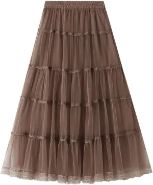 Womens Tulle Tutu Skirt Elastic High Waist Layered Skirt Floral Print Mesh Pleated Swing A-Line Midi Mini Skirt Dresses