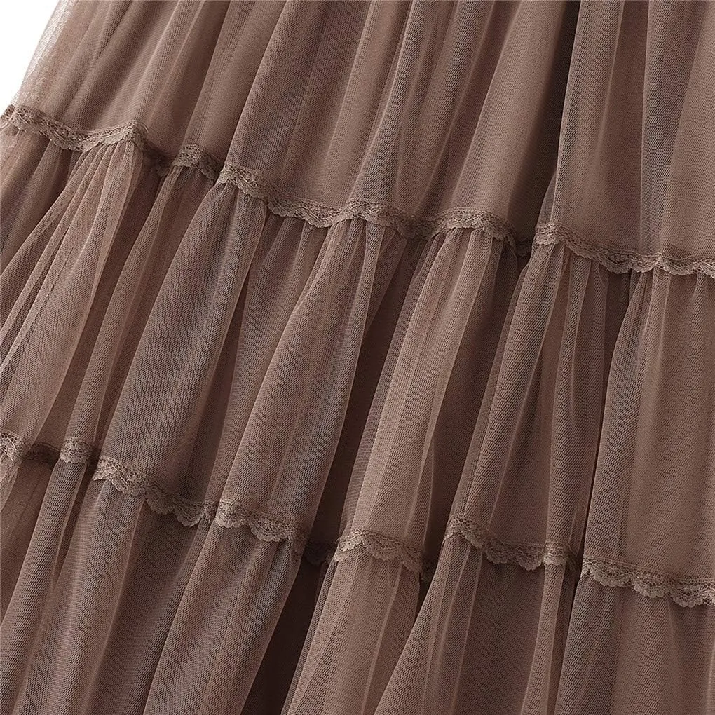 Womens Tulle Tutu Skirt Elastic High Waist Layered Skirt Floral Print Mesh Pleated Swing A-Line Midi Mini Skirt Dresses