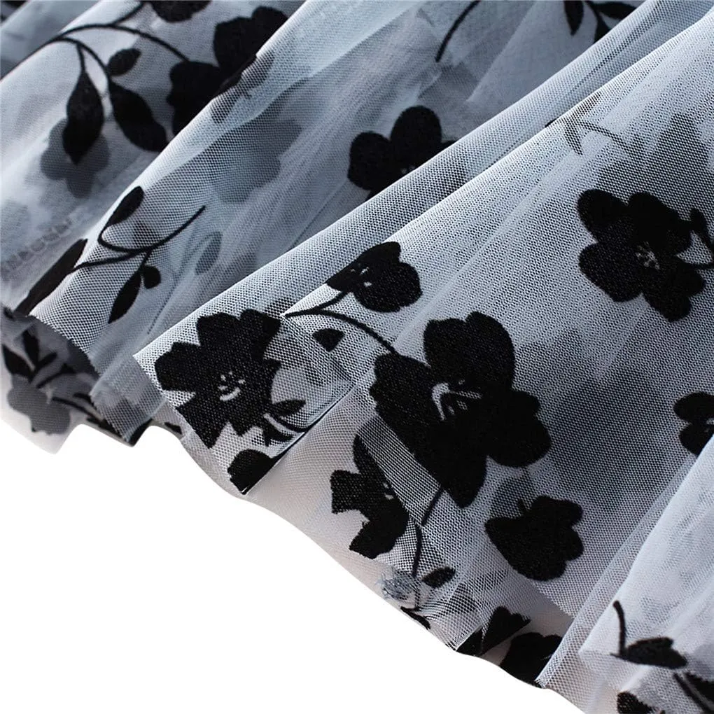 Womens Tulle Tutu Skirt Elastic High Waist Layered Skirt Floral Print Mesh Pleated Swing A-Line Midi Mini Skirt Dresses