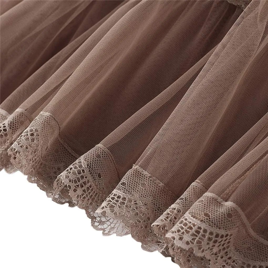 Womens Tulle Tutu Skirt Elastic High Waist Layered Skirt Floral Print Mesh Pleated Swing A-Line Midi Mini Skirt Dresses