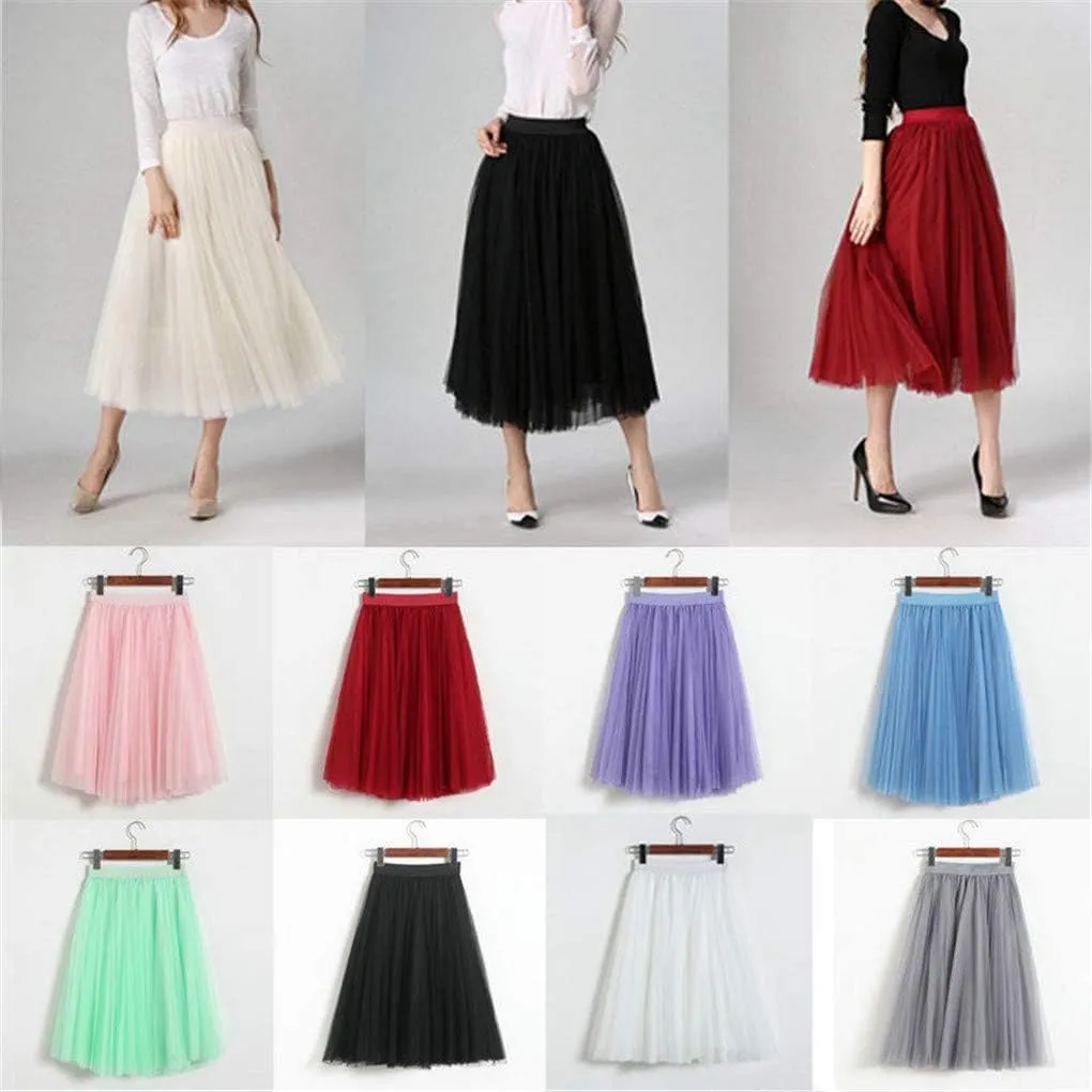 Womens Tulle Tutu Skirt Elastic High Waist Layered Skirt Floral Print Mesh Pleated Swing A-Line Midi Mini Skirt Dresses