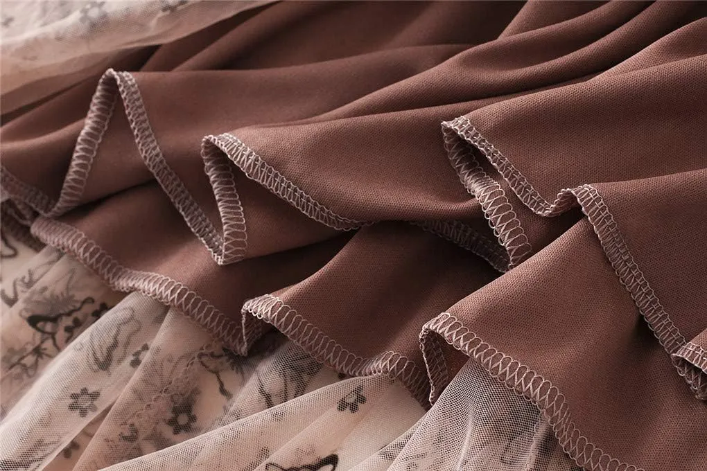 Womens Tulle Tutu Skirt Elastic High Waist Layered Skirt Floral Print Mesh Pleated Swing A-Line Midi Mini Skirt Dresses