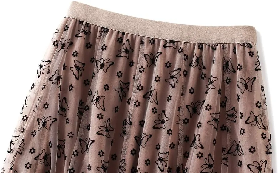 Womens Tulle Tutu Skirt Elastic High Waist Layered Skirt Floral Print Mesh Pleated Swing A-Line Midi Mini Skirt Dresses