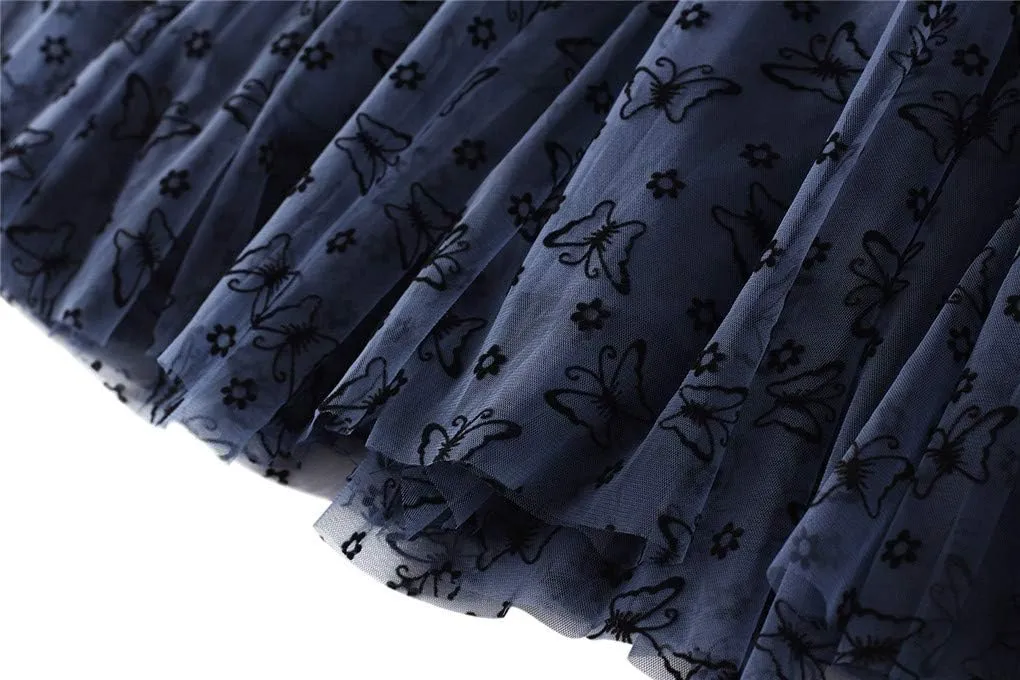 Womens Tulle Tutu Skirt Elastic High Waist Layered Skirt Floral Print Mesh Pleated Swing A-Line Midi Mini Skirt Dresses