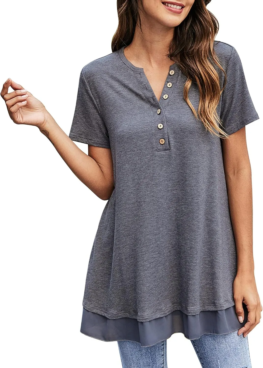 Women's Tunic Tops For Leggings Casual Loose V Neck Buttons Up Blouse With Chiffon Hem