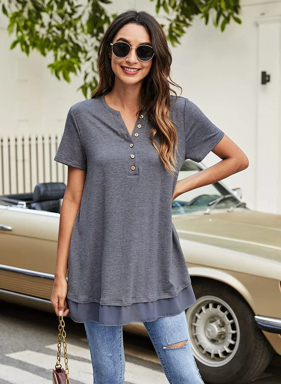 Women's Tunic Tops For Leggings Casual Loose V Neck Buttons Up Blouse With Chiffon Hem