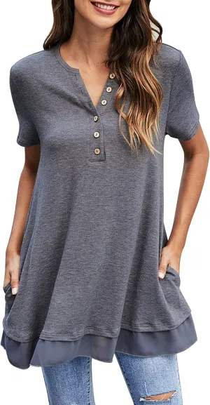 Women's Tunic Tops For Leggings Casual Loose V Neck Buttons Up Blouse With Chiffon Hem