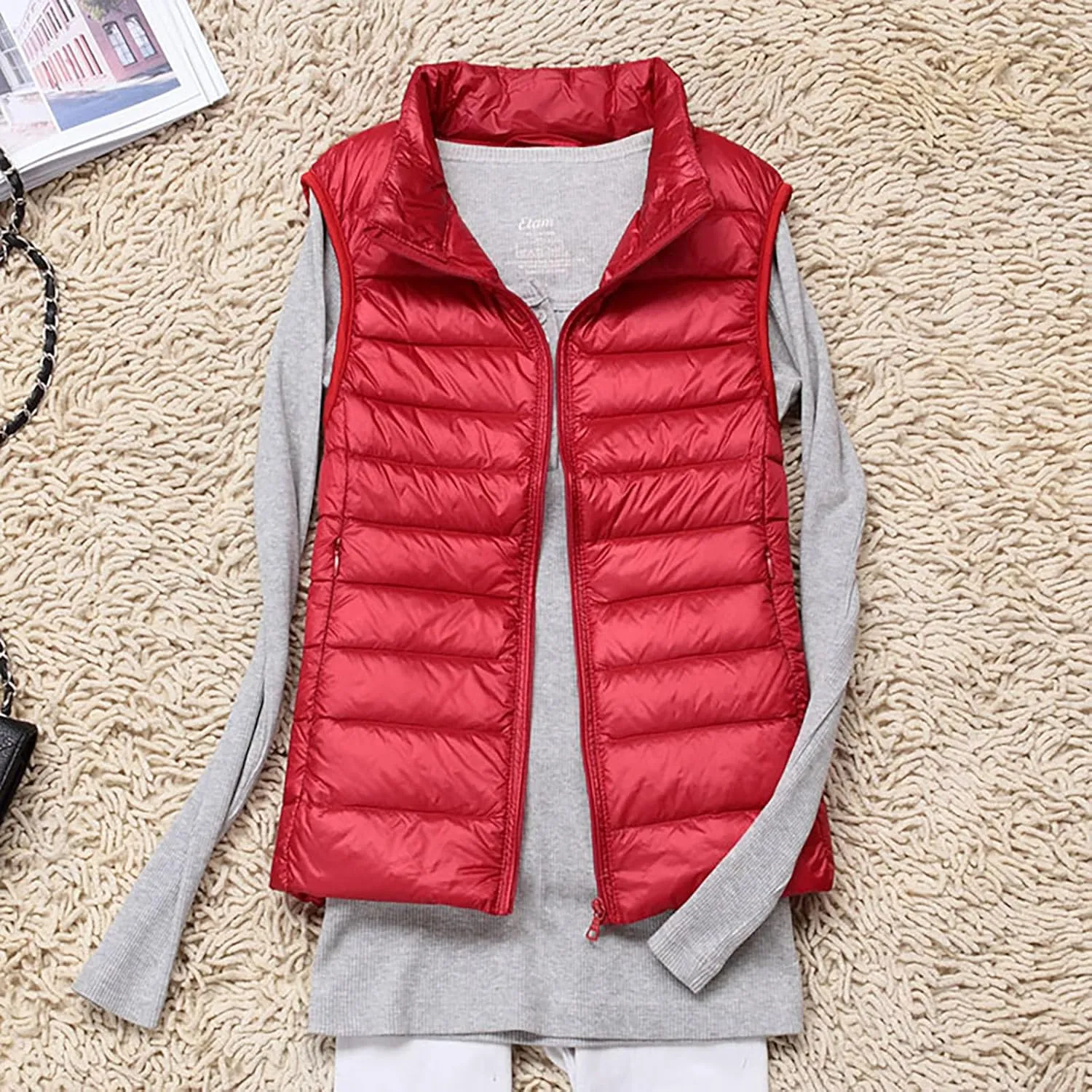 Womens Vests Outerwear Lightweight Casual Sleeveless Collar Quilted Down Jackets Fashion Classic-Fit Zip Padded Puffer Vest