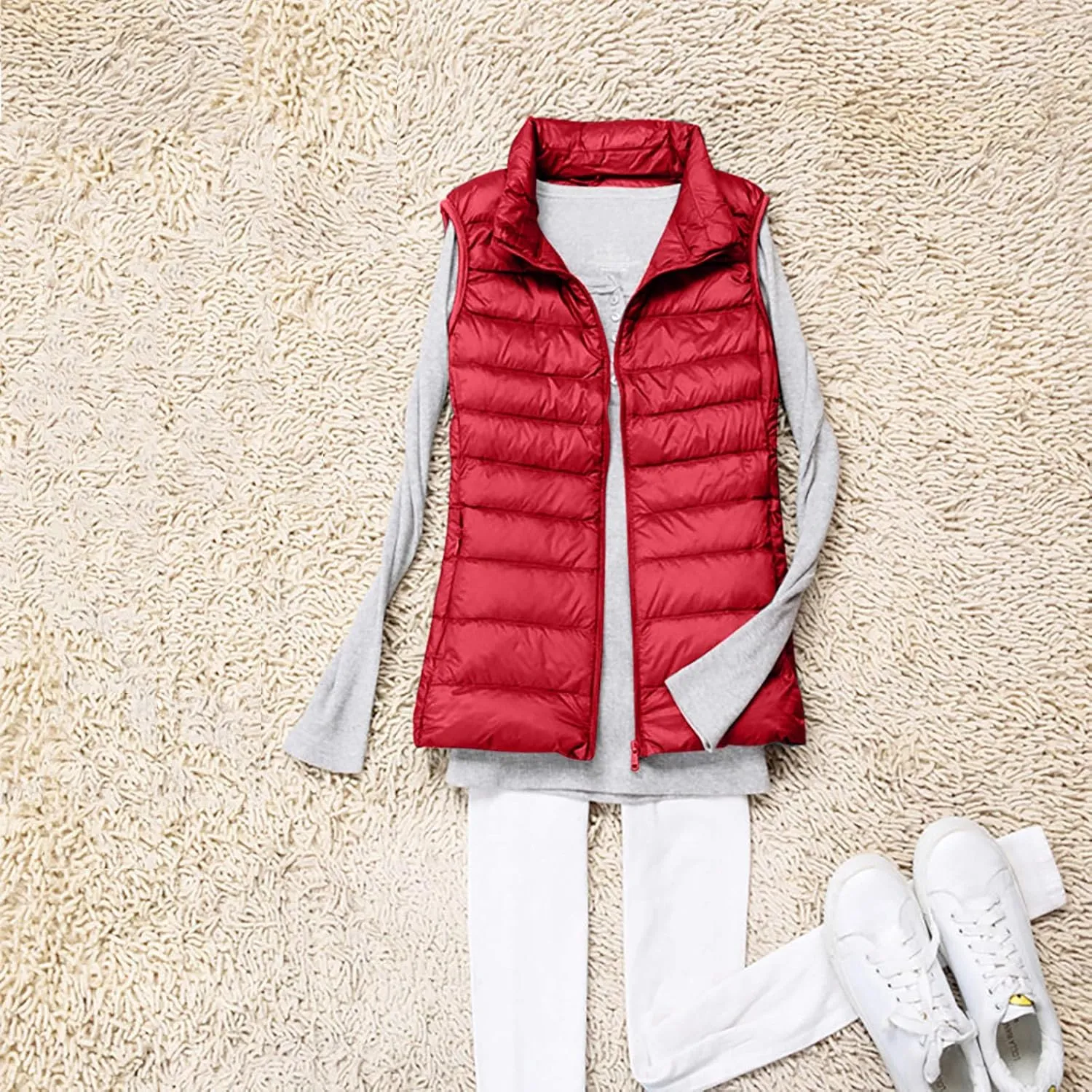 Womens Vests Outerwear Lightweight Casual Sleeveless Collar Quilted Down Jackets Fashion Classic-Fit Zip Padded Puffer Vest