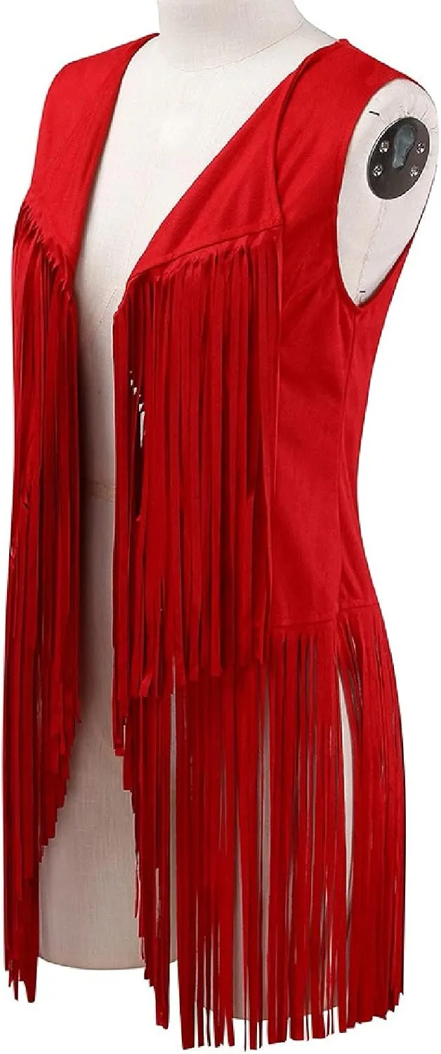 Women's Vintage Fringe Vest Classic Western Suede Leather Tassel Sleeveless Tops Ethnic Tank Cardigan Jacket Shirt