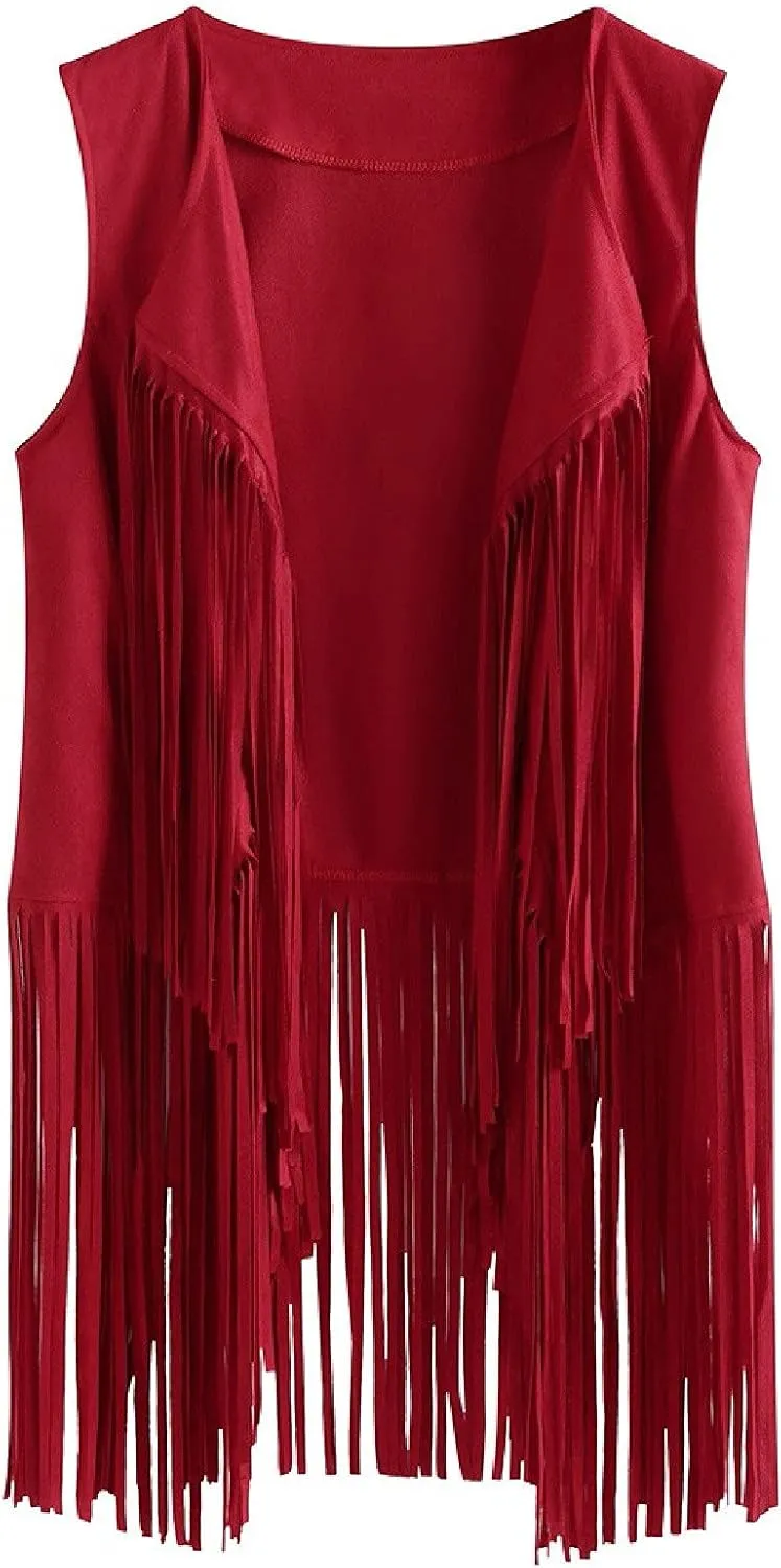 Women's Vintage Fringe Vest Classic Western Suede Leather Tassel Sleeveless Tops Ethnic Tank Cardigan Jacket Shirt