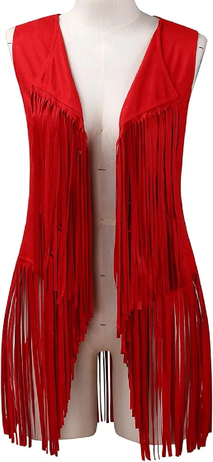Women's Vintage Fringe Vest Classic Western Suede Leather Tassel Sleeveless Tops Ethnic Tank Cardigan Jacket Shirt