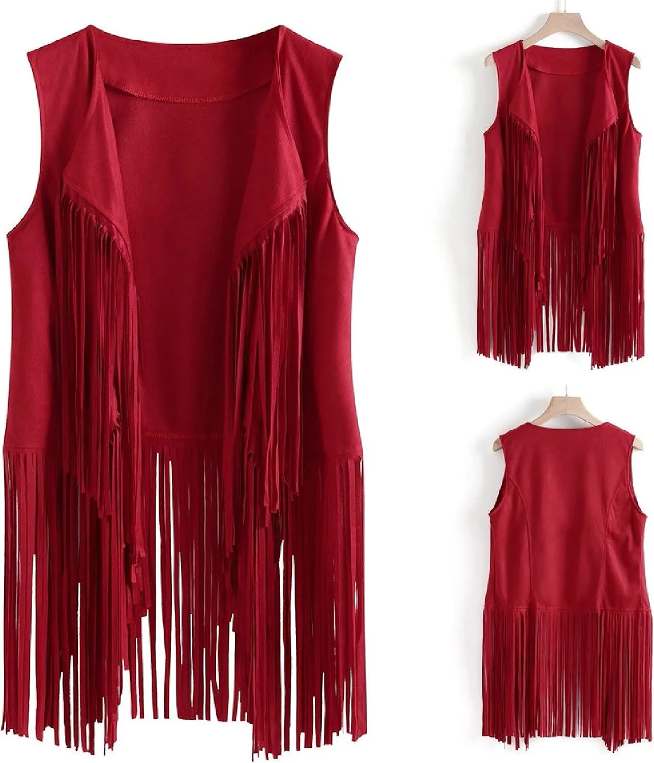 Women's Vintage Fringe Vest Classic Western Suede Leather Tassel Sleeveless Tops Ethnic Tank Cardigan Jacket Shirt