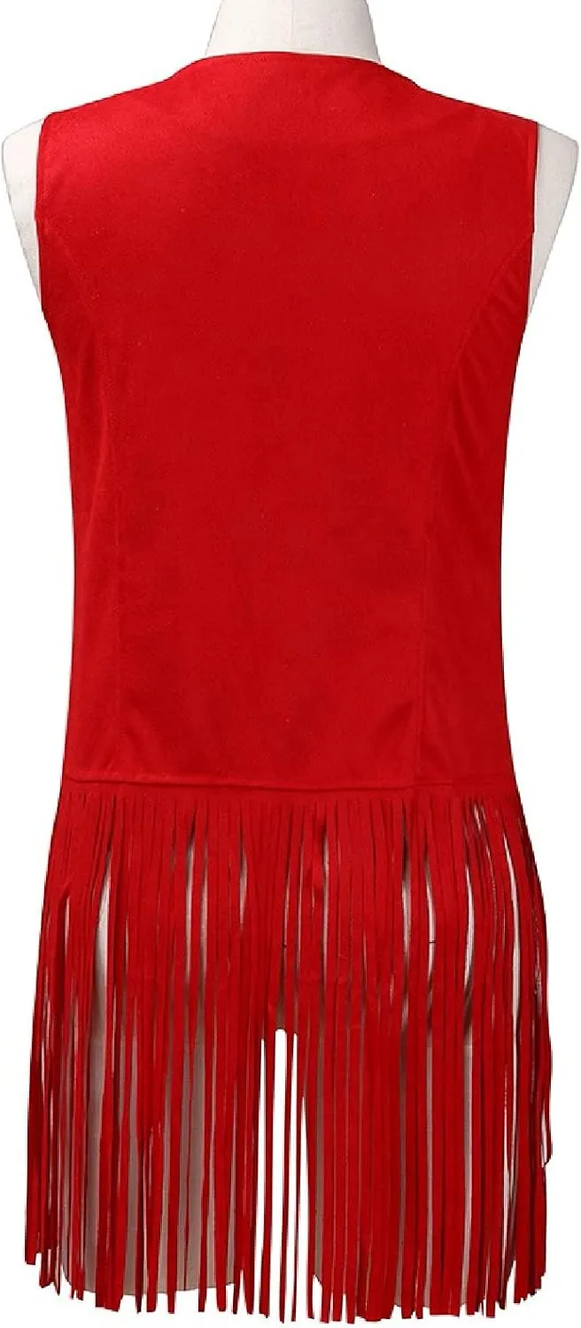 Women's Vintage Fringe Vest Classic Western Suede Leather Tassel Sleeveless Tops Ethnic Tank Cardigan Jacket Shirt