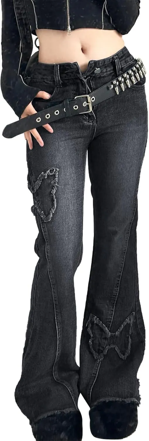 Womens Y2K Flare Jeans Butterfly Jeans Grunge Clothes Distressed Vintage Bell Bottom Low Rise Jeans