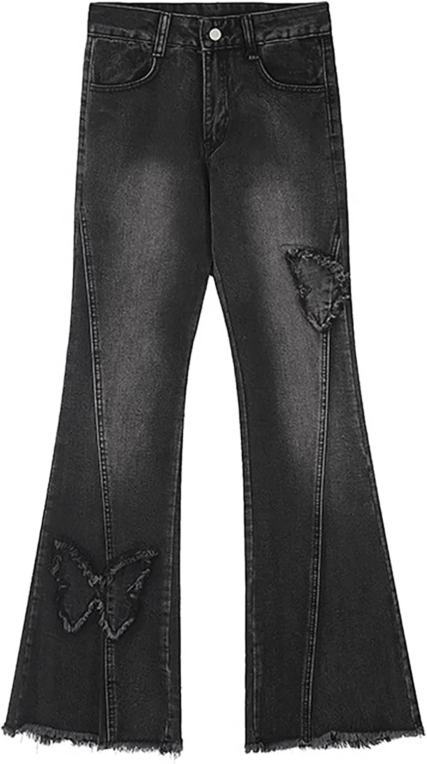 Womens Y2K Flare Jeans Butterfly Jeans Grunge Clothes Distressed Vintage Bell Bottom Low Rise Jeans