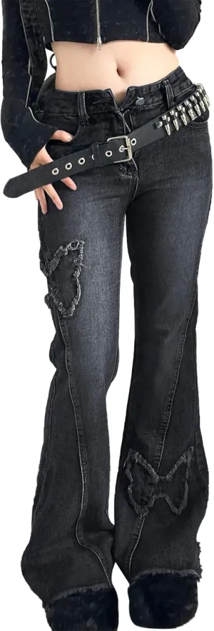 Womens Y2K Flare Jeans Butterfly Jeans Grunge Clothes Distressed Vintage Bell Bottom Low Rise Jeans