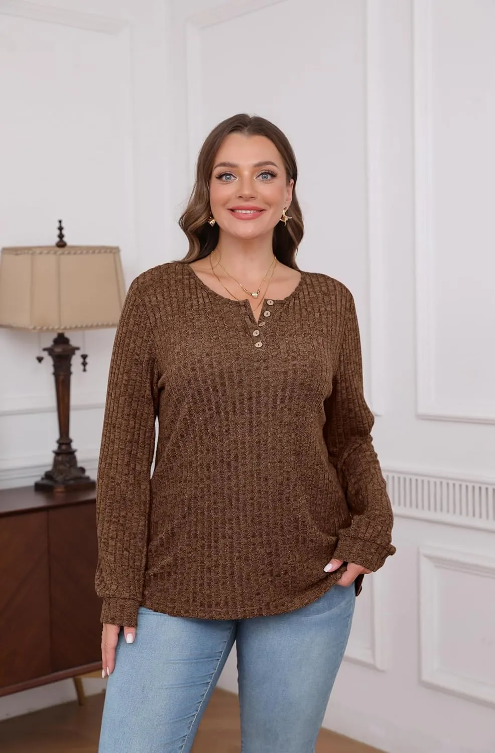XIEERDUO Sweater for Women Long Sleeve Henley Shirts Tunic Tops to Wear with Leggings crew neck Sweaters Trendy 2024