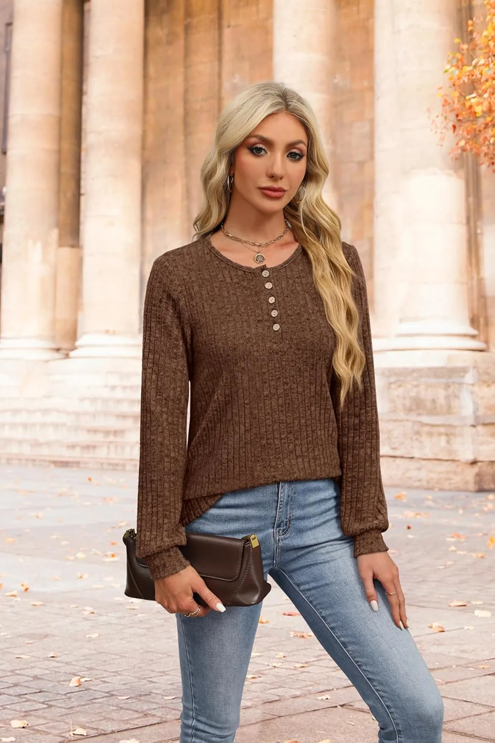 XIEERDUO Sweater for Women Long Sleeve Henley Shirts Tunic Tops to Wear with Leggings crew neck Sweaters Trendy 2024